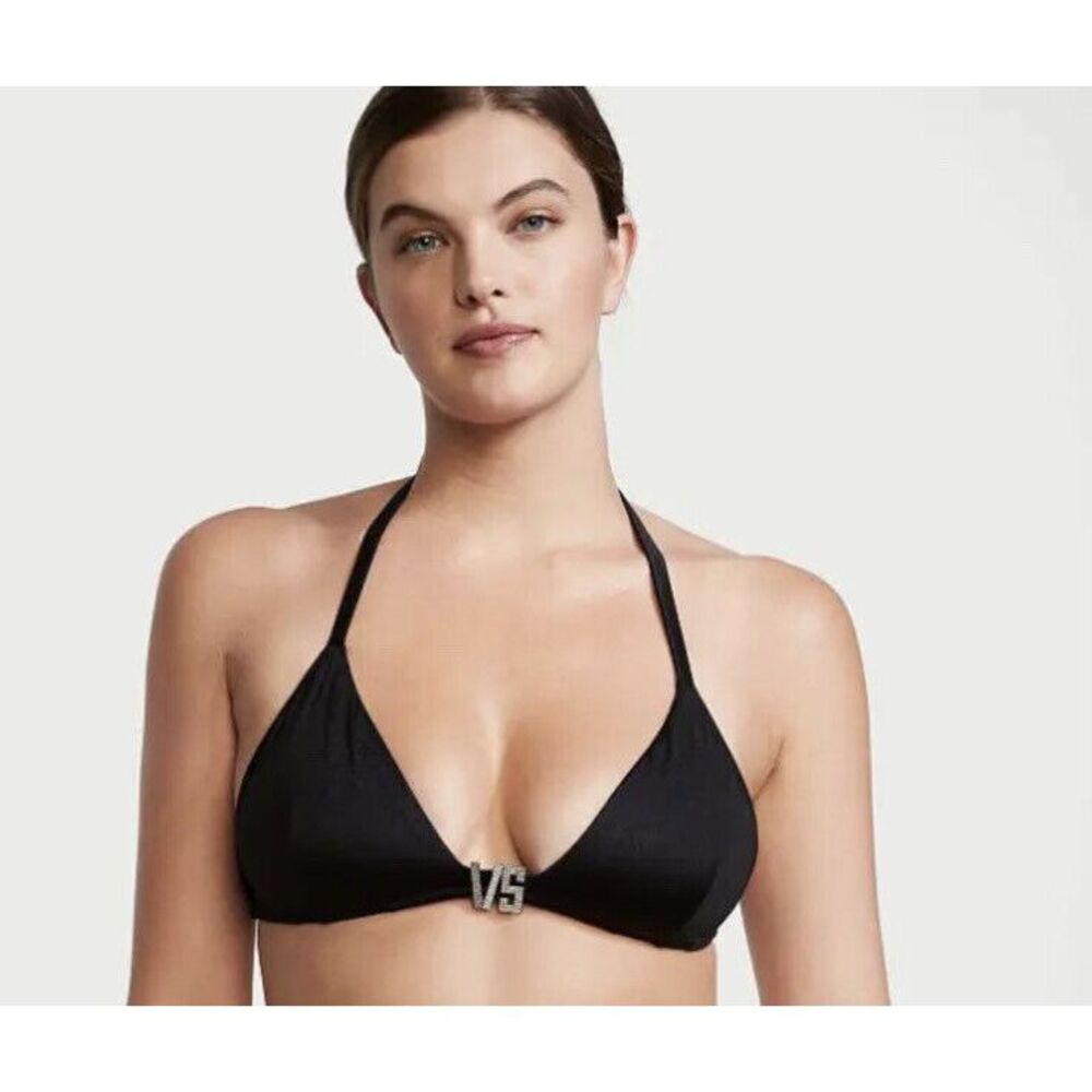 NWT VICTORIA'S SECRET VS Shine Hardware Halter Bikini‎ Top Black Sz XL